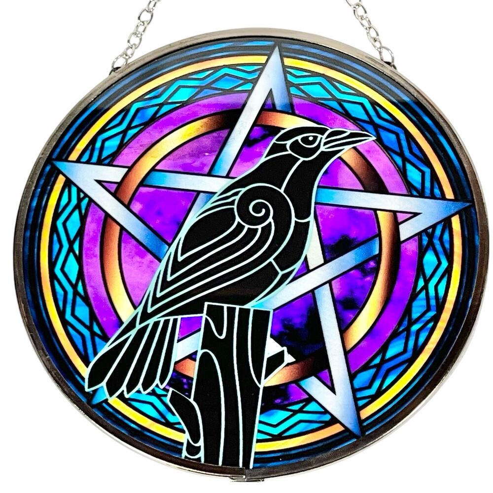 Round Stained Glass Raven Pentagram Suncatcher 6-Inch Purple Green Black